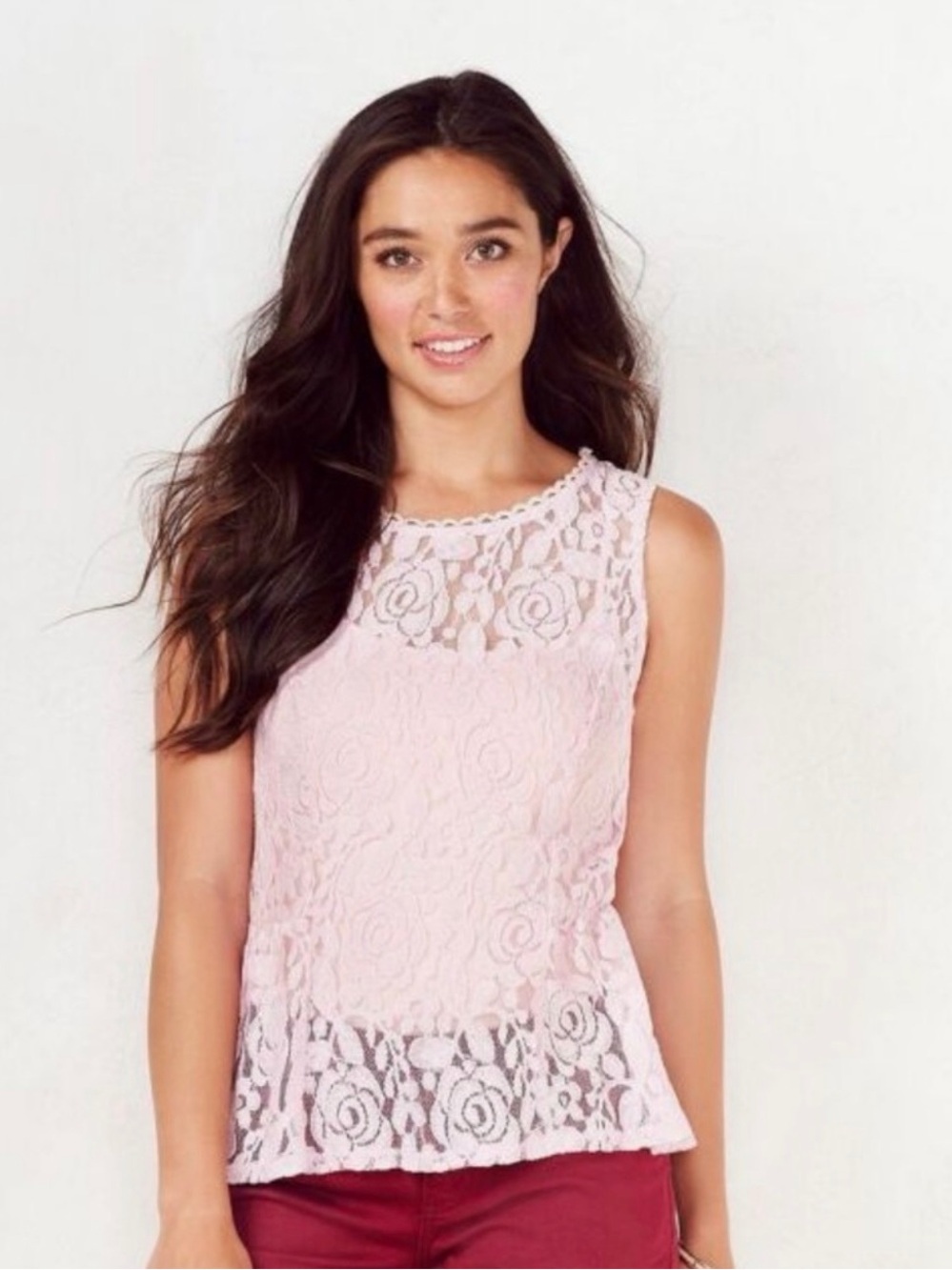 Lauren Conrad Pink Lace Peplum Top Size Large Sleeveless Tank